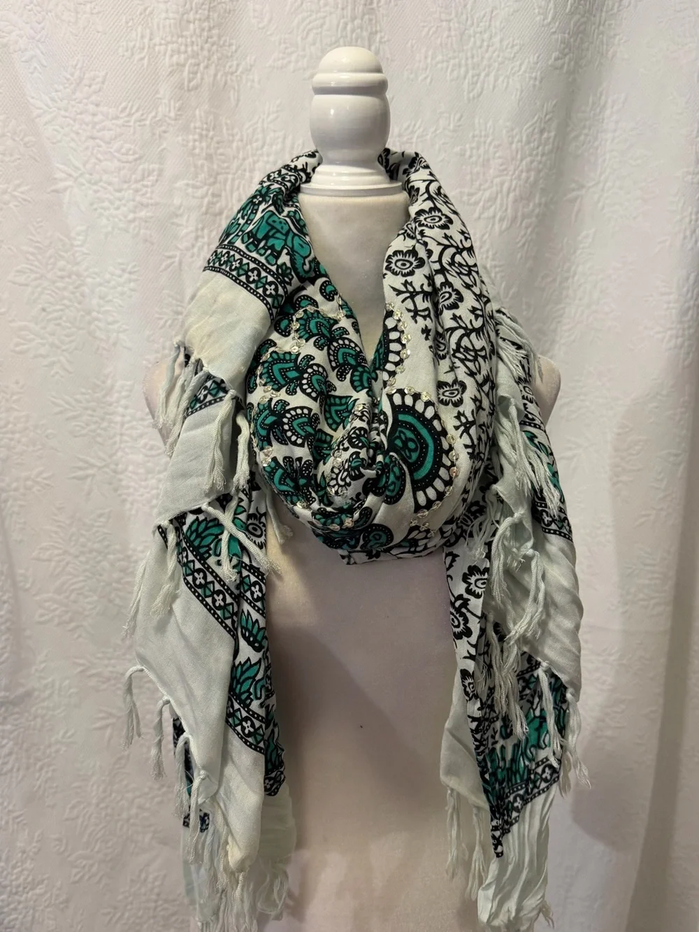 Bohemian Teal Black Mandala oversized scarf with silver sequin detail  tassels